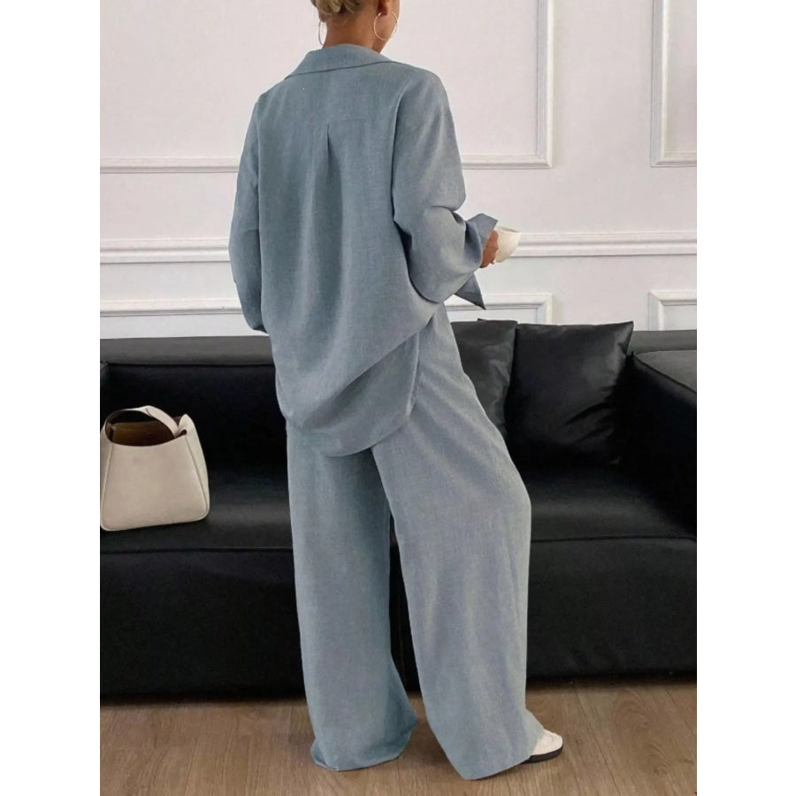 Button-Down Shirt and Wide-Leg Pants Set Apparel and Accessories
