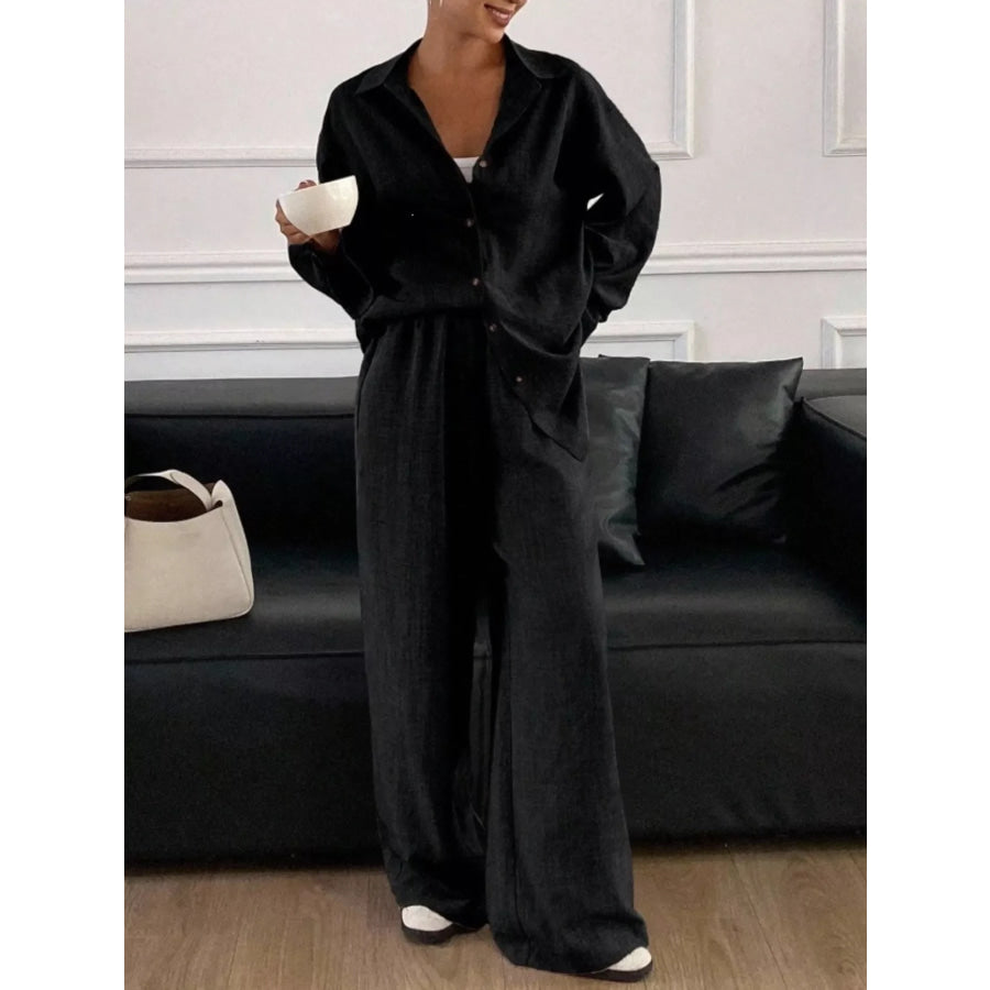 Button-Down Shirt and Wide-Leg Pants Set Apparel and Accessories