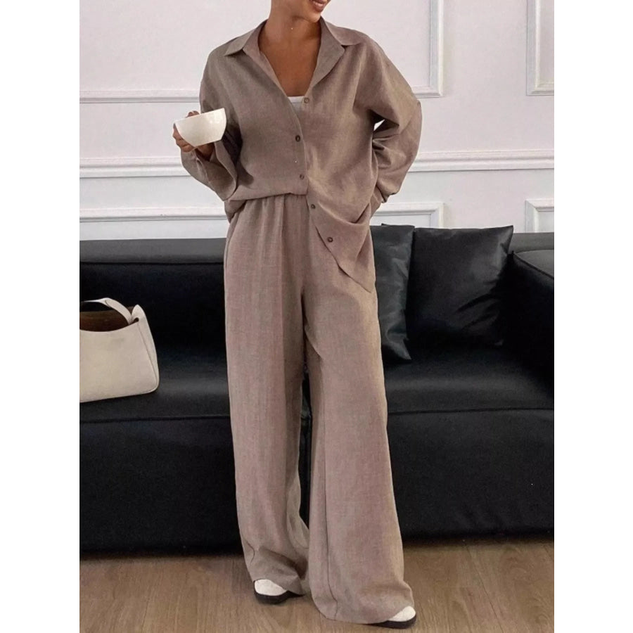 Button-Down Shirt and Wide-Leg Pants Set Apparel and Accessories