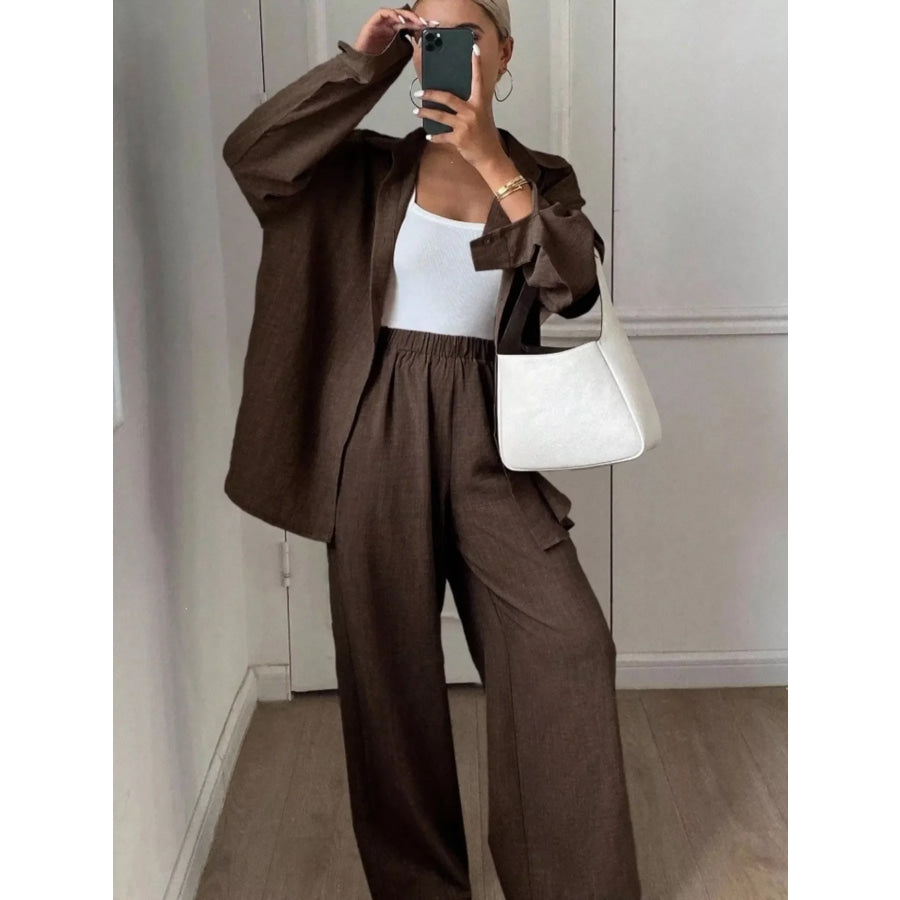 Button-Down Shirt and Wide-Leg Pants Set Apparel and Accessories