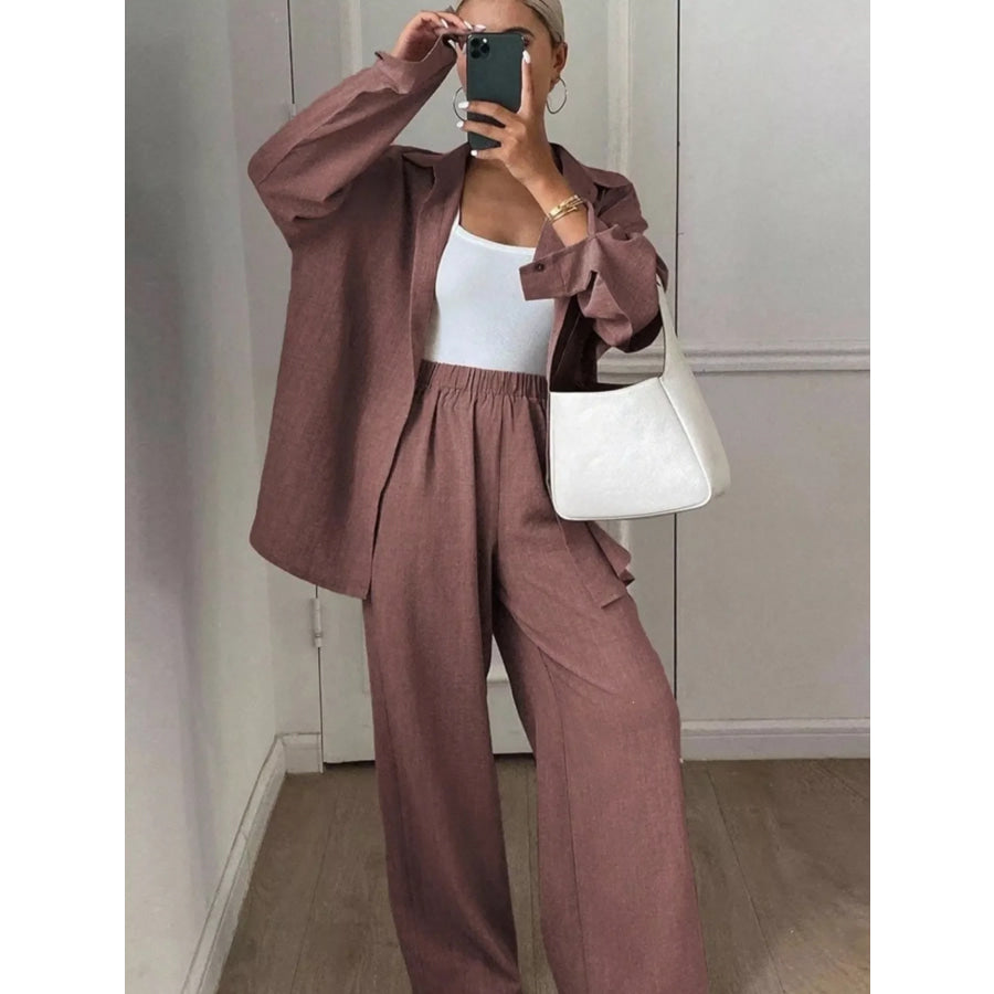 Button-Down Shirt and Wide-Leg Pants Set Apparel and Accessories