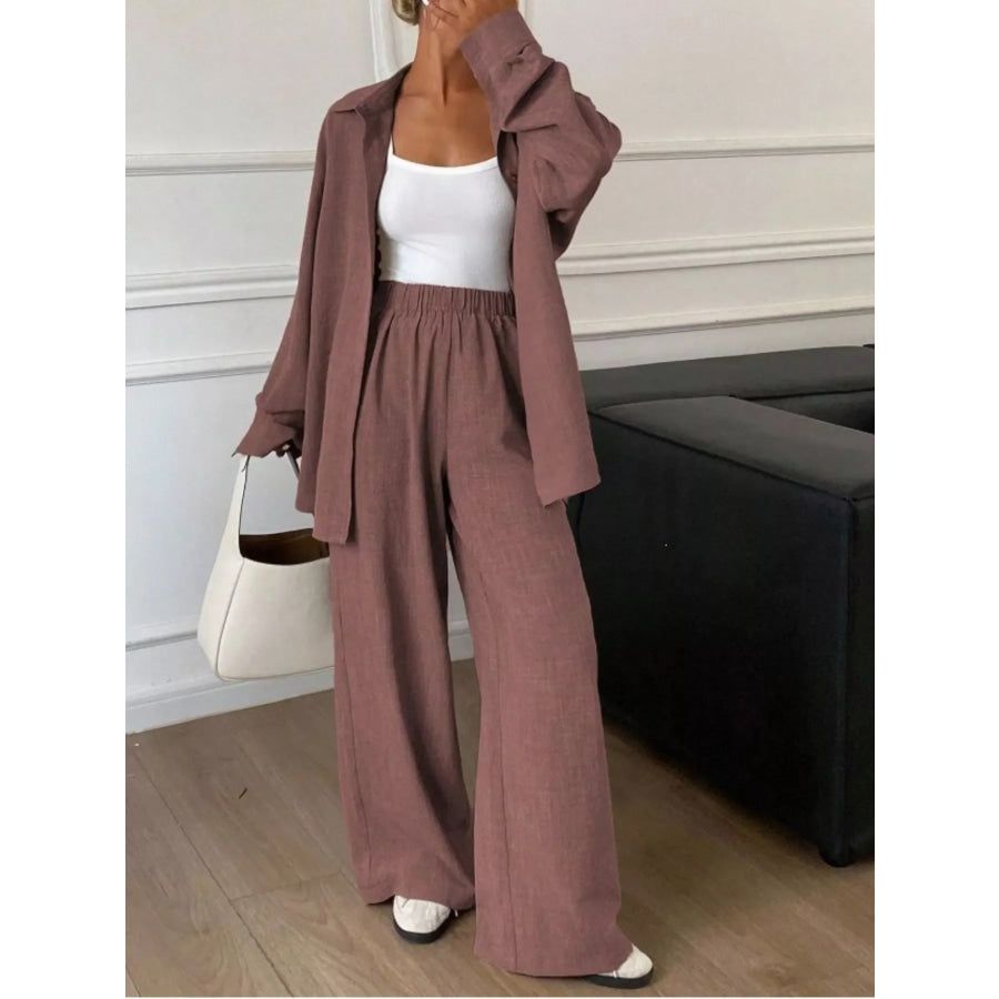 Button-Down Shirt and Wide-Leg Pants Set Apparel and Accessories