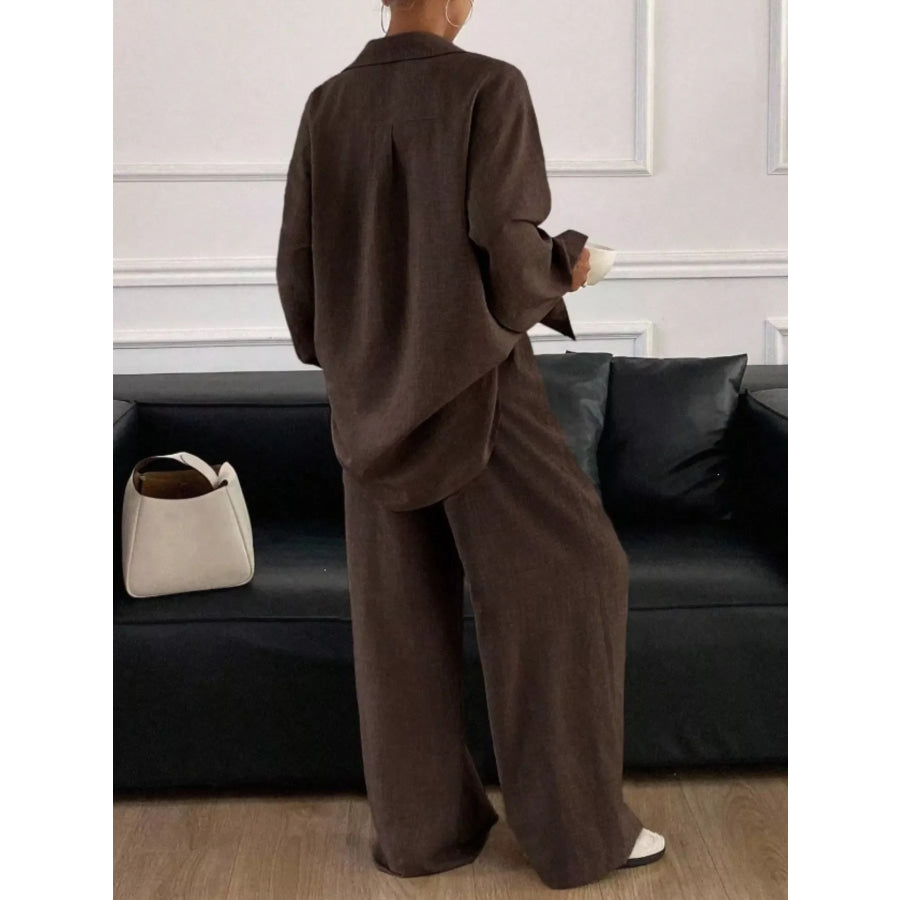 Button-Down Shirt and Wide-Leg Pants Set Apparel and Accessories
