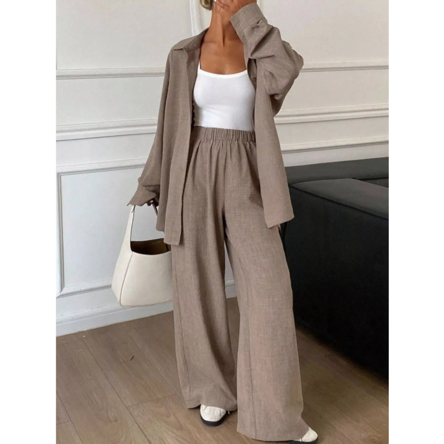 Button-Down Shirt and Wide-Leg Pants Set Apparel and Accessories