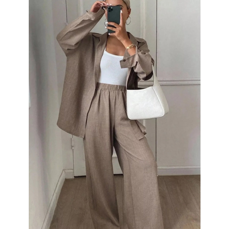Button-Down Shirt and Wide-Leg Pants Set Apparel and Accessories