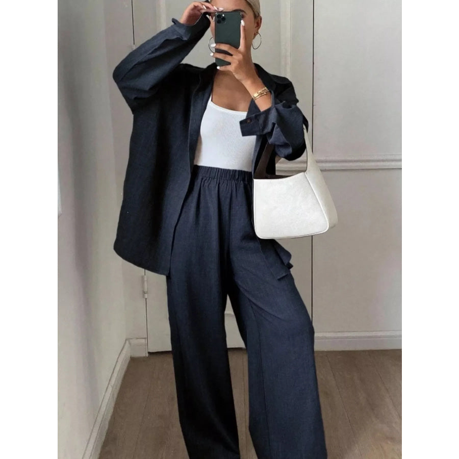 Button-Down Shirt and Wide-Leg Pants Set Apparel and Accessories