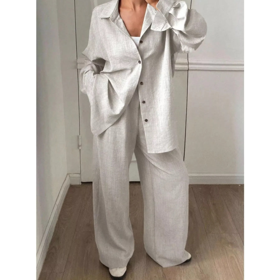 Button-Down Shirt and Wide-Leg Pants Set Apricot / S Apparel and Accessories