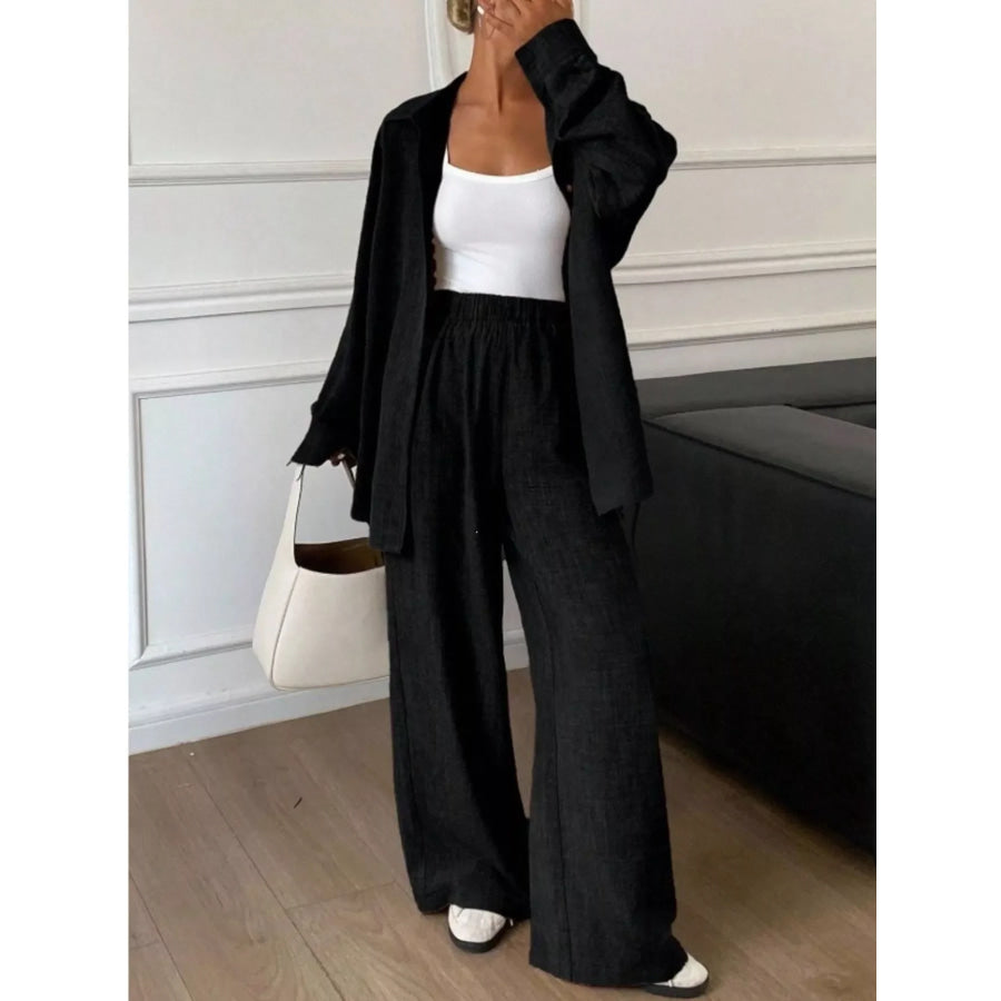 Button-Down Shirt and Wide-Leg Pants Set Black / S Apparel and Accessories