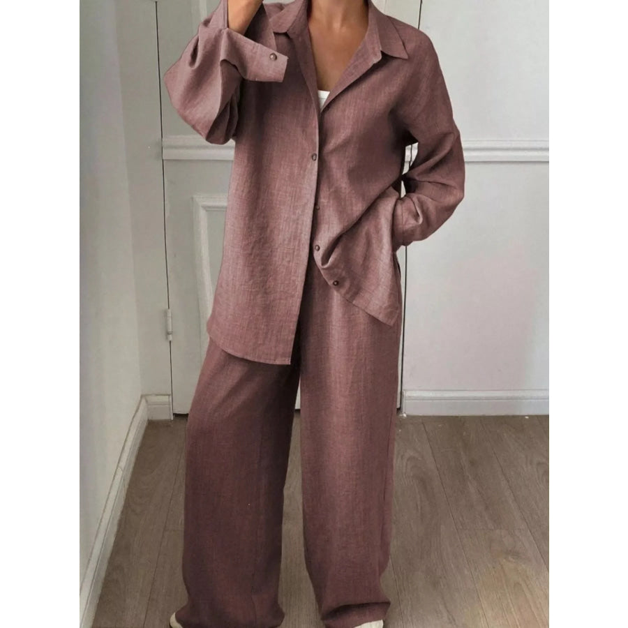Button-Down Shirt and Wide-Leg Pants Set Brown / S Apparel and Accessories