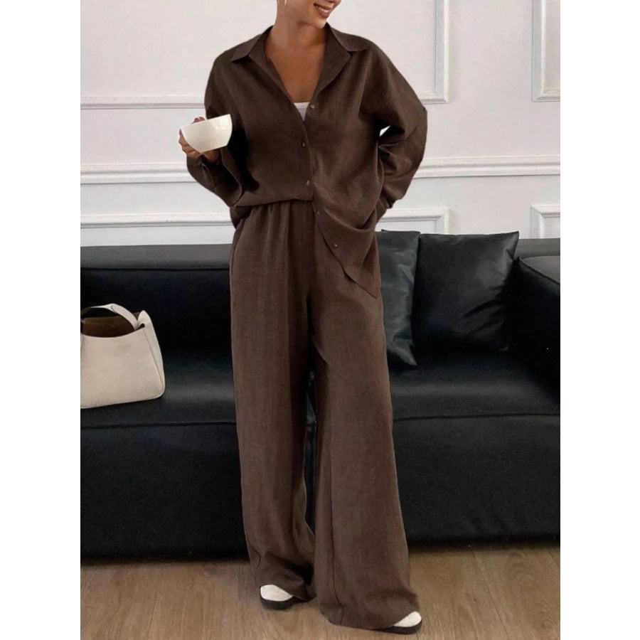 Button-Down Shirt and Wide-Leg Pants Set Chocolate / S Apparel and Accessories