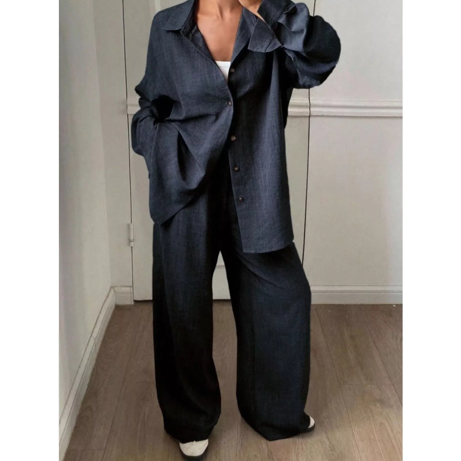 Button-Down Shirt and Wide-Leg Pants Set Dark Blue / S Apparel and Accessories