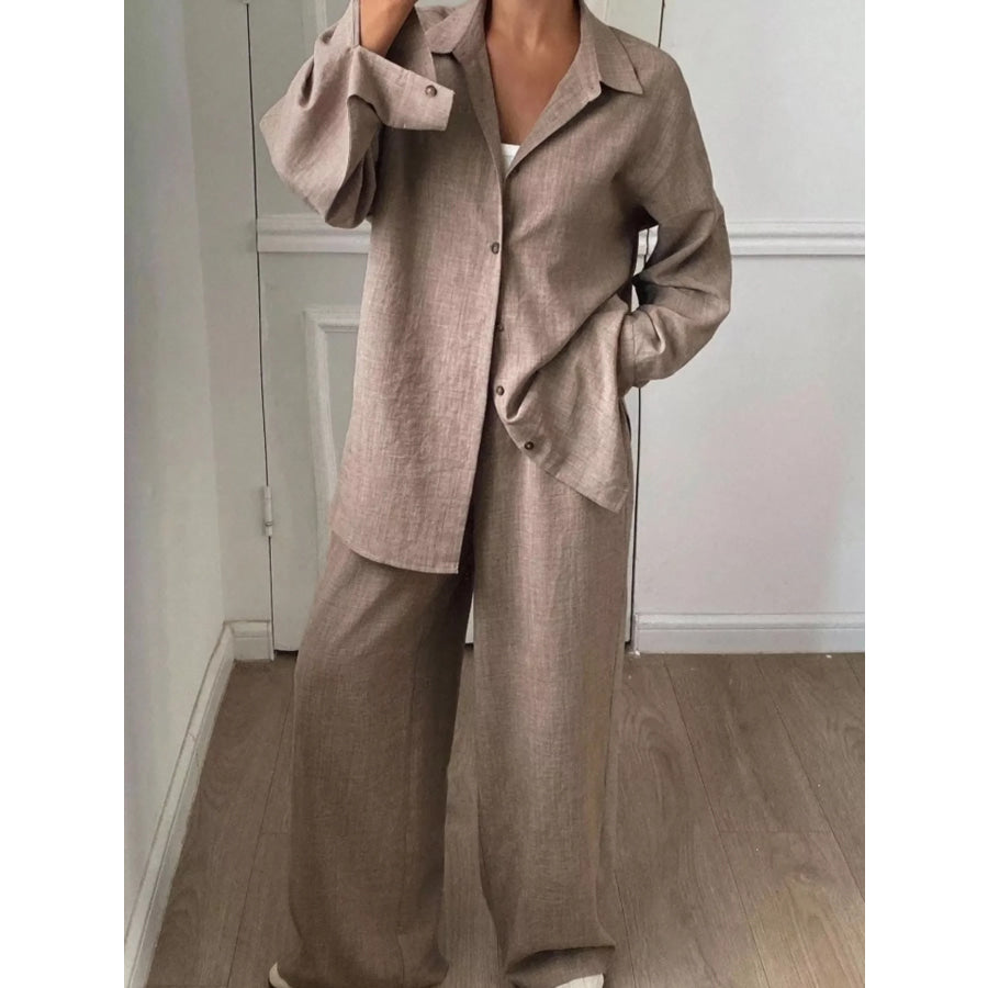Button-Down Shirt and Wide-Leg Pants Set Khaki / S Apparel and Accessories
