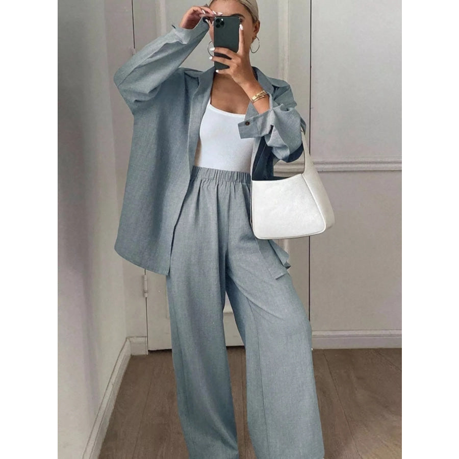 Button-Down Shirt and Wide-Leg Pants Set Light Blue / S Apparel and Accessories