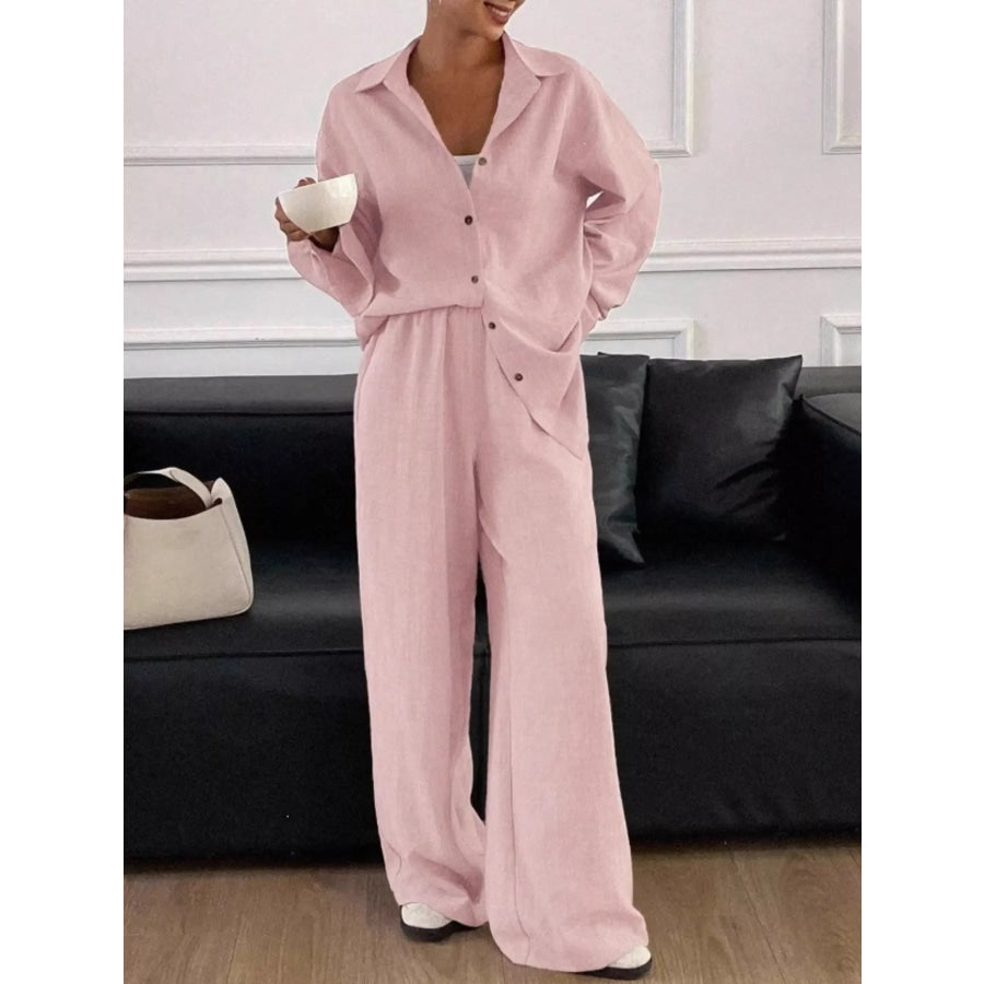 Button-Down Shirt and Wide-Leg Pants Set Pink / S Apparel and Accessories