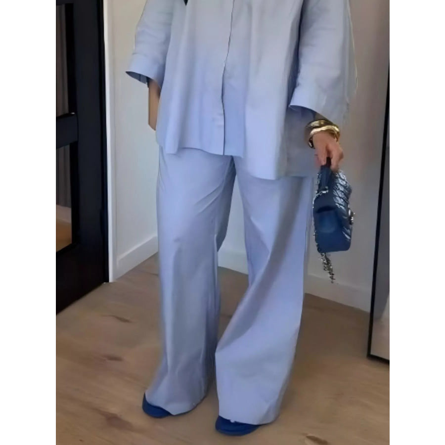Button-Down Shirt and Wide-Leg Pants Two-Piece Set Apparel and Accessories