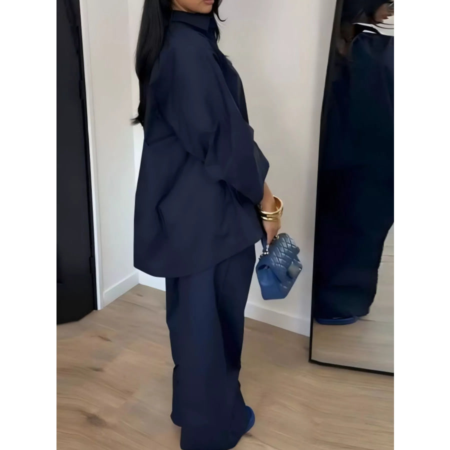 Button-Down Shirt and Wide-Leg Pants Two-Piece Set Apparel and Accessories