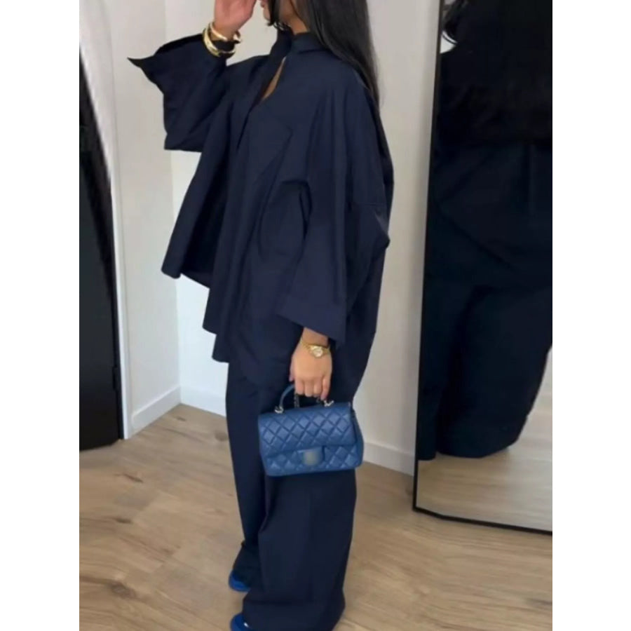 Button-Down Shirt and Wide-Leg Pants Two-Piece Set Apparel and Accessories