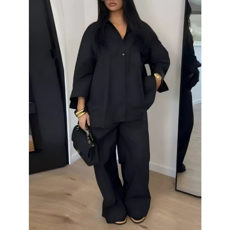 Button-Down Shirt and Wide-Leg Pants Two-Piece Set Black / S Apparel and Accessories