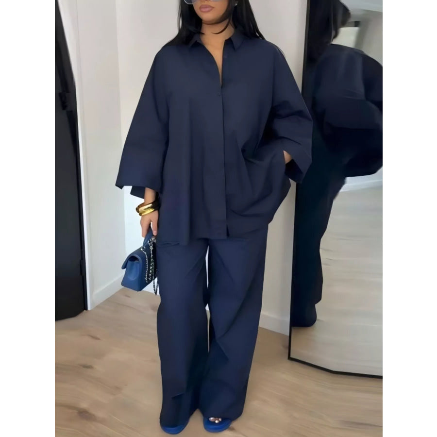 Button-Down Shirt and Wide-Leg Pants Two-Piece Set Navy Blue / S Apparel and Accessories