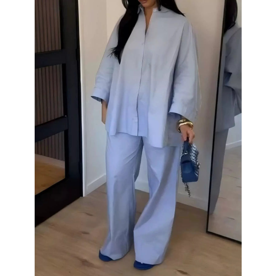 Button-Down Shirt and Wide-Leg Pants Two-Piece Set Sky Blue / S Apparel and Accessories