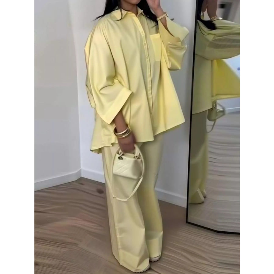 Button-Down Shirt and Wide-Leg Pants Two-Piece Set Yellow / S Apparel and Accessories