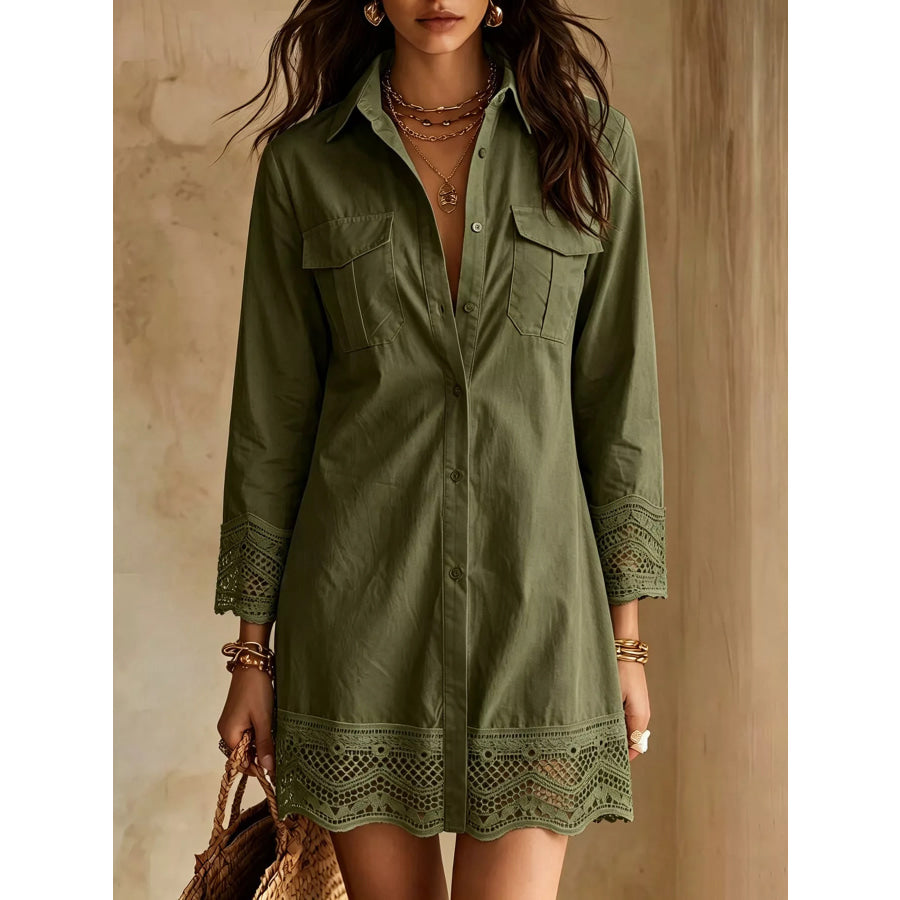 Button-Down Shirt Dress with Lace Trim Army Green / S Apparel and Accessories