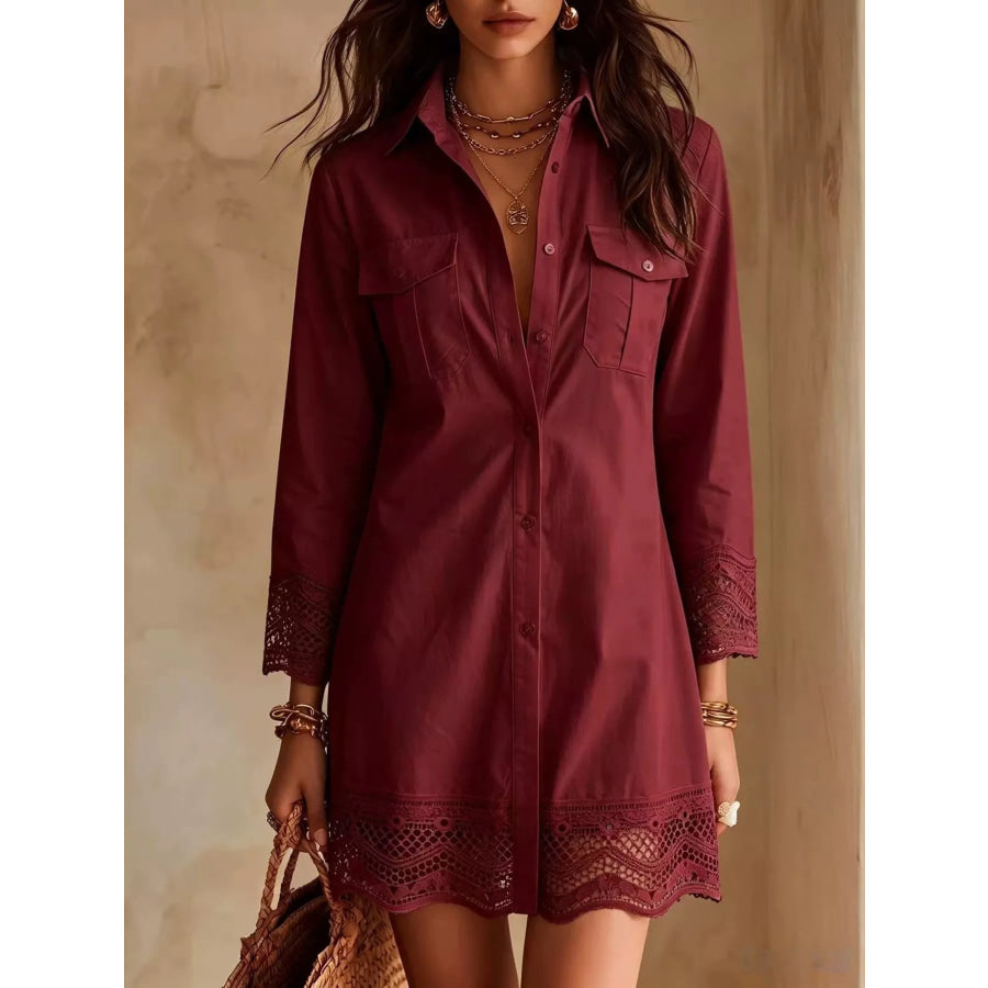 Button-Down Shirt Dress with Lace Trim Burgundy / S Apparel and Accessories