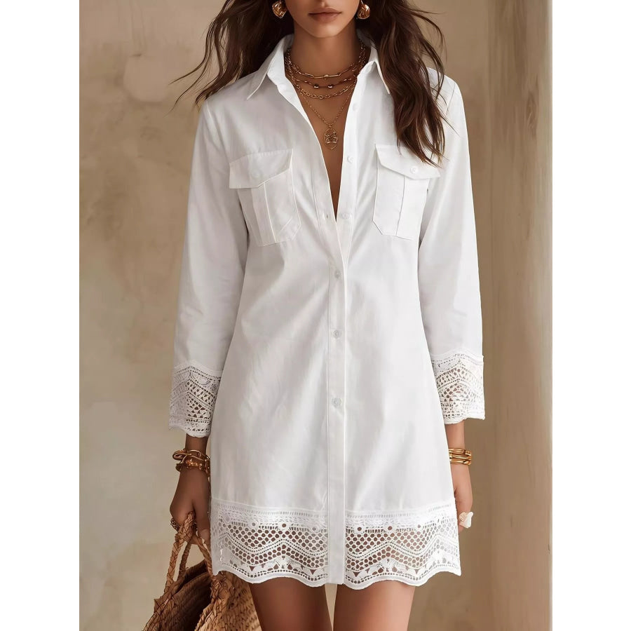 Button-Down Shirt Dress with Lace Trim White / S Apparel and Accessories