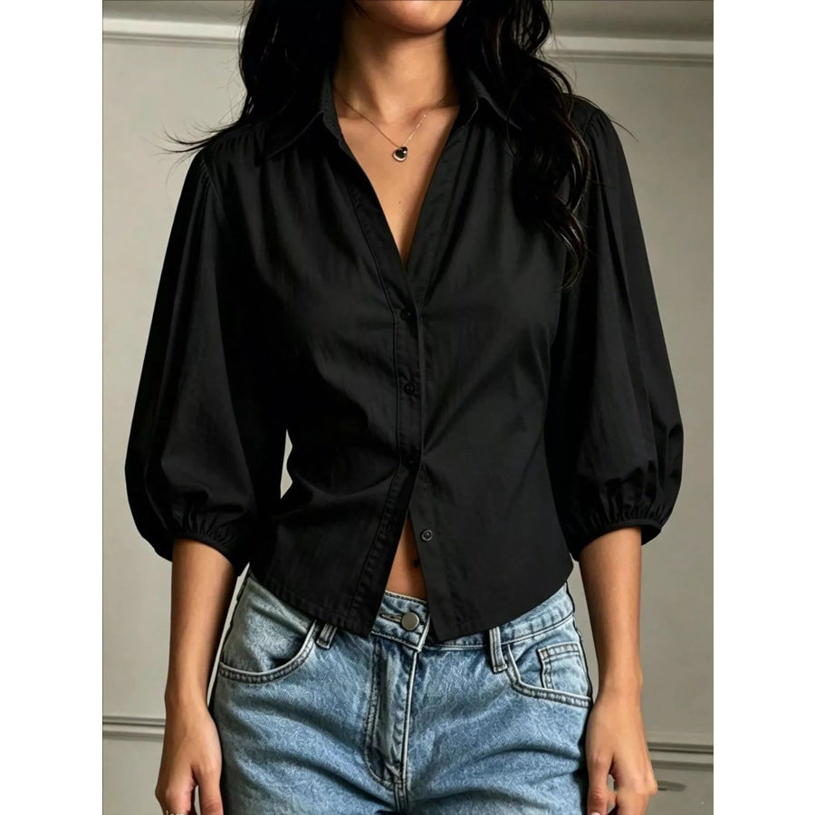 Button-Down Shirt with Puff Sleeves Black / S
