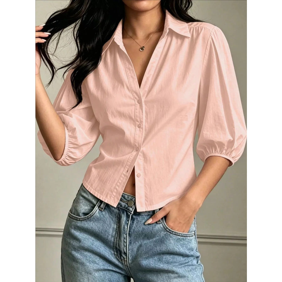Button-Down Shirt with Puff Sleeves Pink / S
