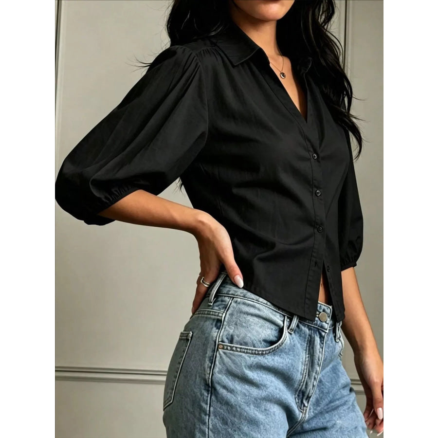 Button-Down Shirt with Puff Sleeves