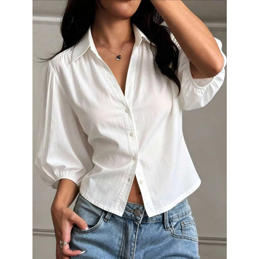 Button-Down Shirt with Puff Sleeves White / S