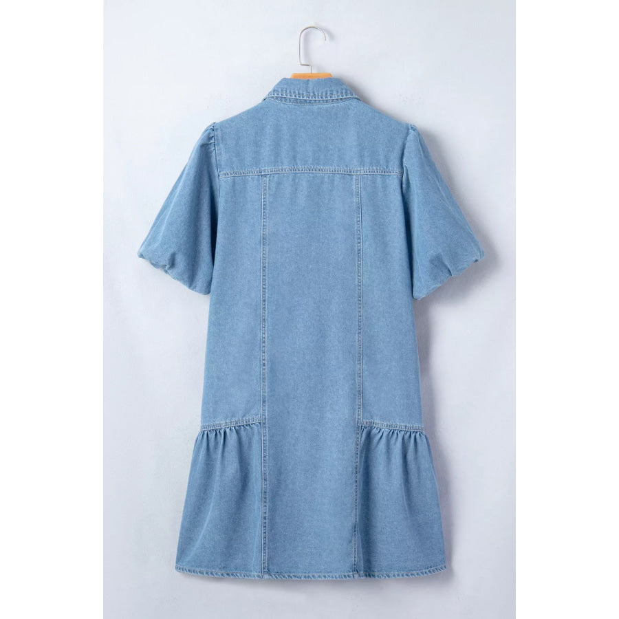 Button Down Short Puff Sleeve Ruffle Hem Denim Dress Apparel and Accessories