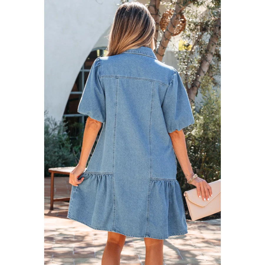 Button Down Short Puff Sleeve Ruffle Hem Denim Dress Apparel and Accessories