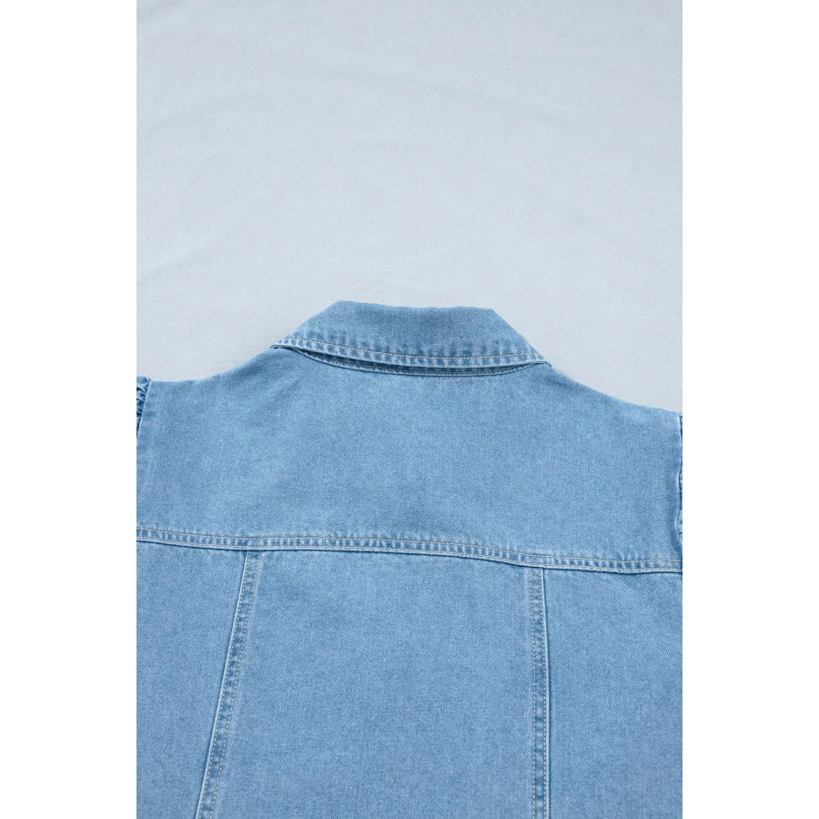Button Down Short Puff Sleeve Ruffle Hem Denim Dress Apparel and Accessories