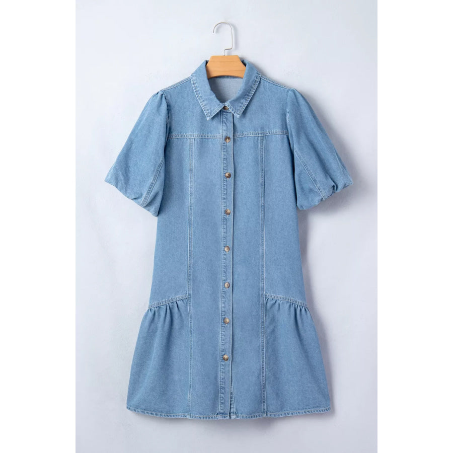Button Down Short Puff Sleeve Ruffle Hem Denim Dress Apparel and Accessories