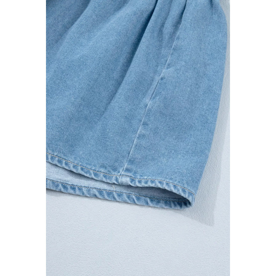 Button Down Short Puff Sleeve Ruffle Hem Denim Dress Apparel and Accessories