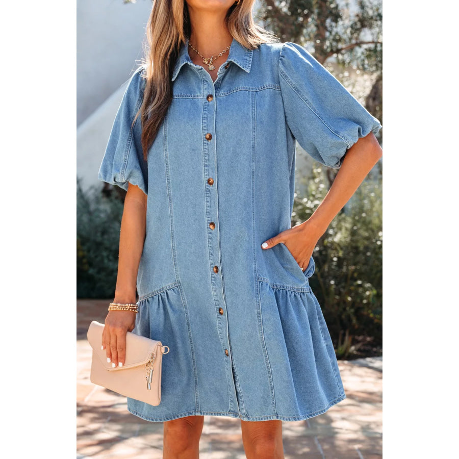 Button Down Short Puff Sleeve Ruffle Hem Denim Dress Light Blue / S Apparel and Accessories