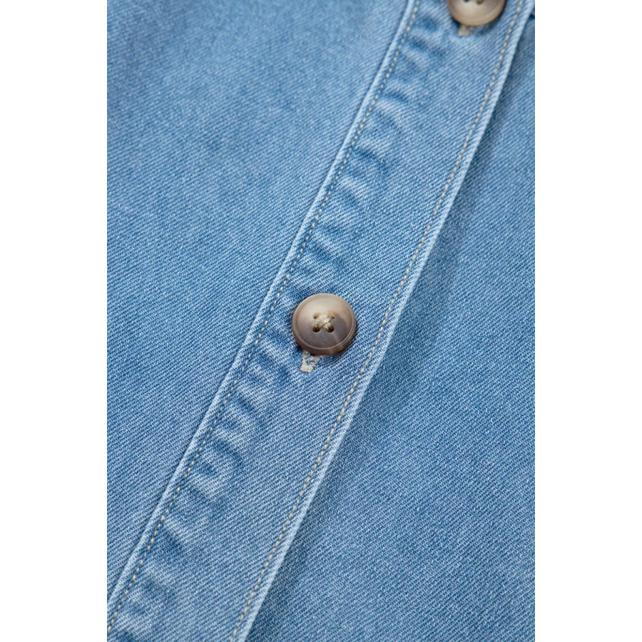 Button Down Short Puff Sleeve Ruffle Hem Denim Dress Apparel and Accessories