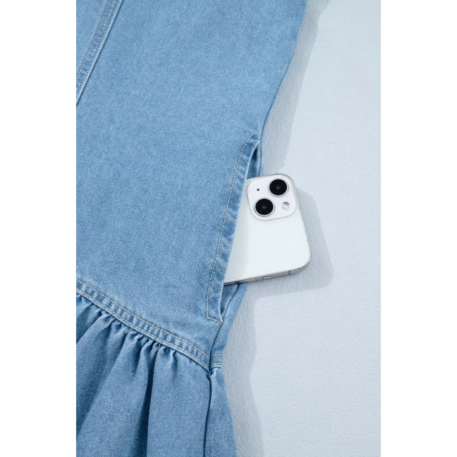 Button Down Short Puff Sleeve Ruffle Hem Denim Dress Apparel and Accessories
