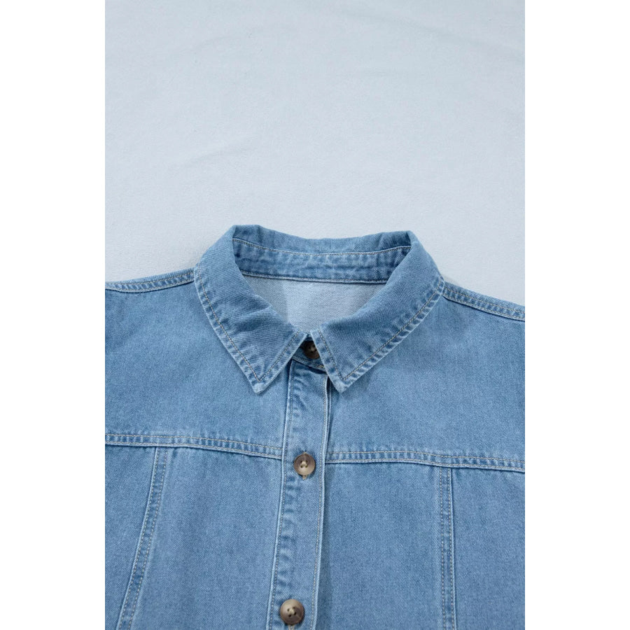 Button Down Short Puff Sleeve Ruffle Hem Denim Dress Apparel and Accessories
