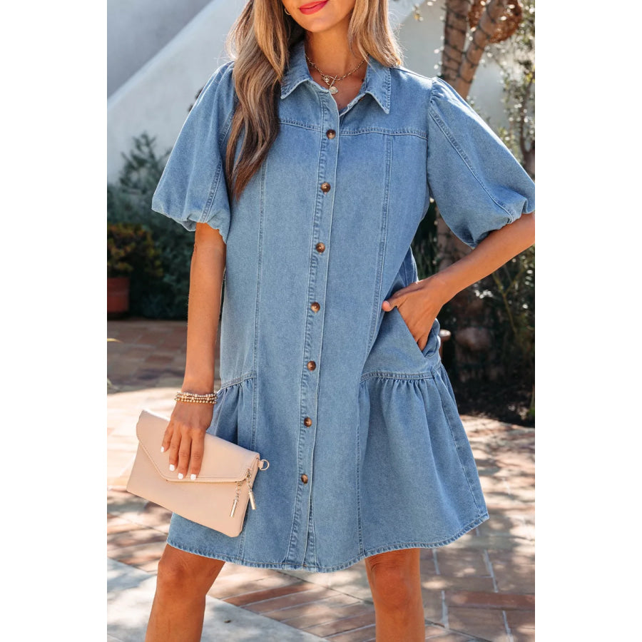 Button Down Short Puff Sleeve Ruffle Hem Denim Dress Light Blue / S Apparel and Accessories
