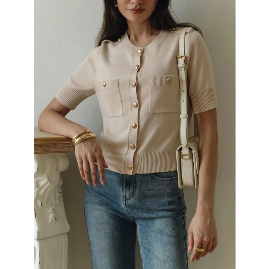 Button-Down Short Sleeve Cardigan Beige / S Apparel and Accessories