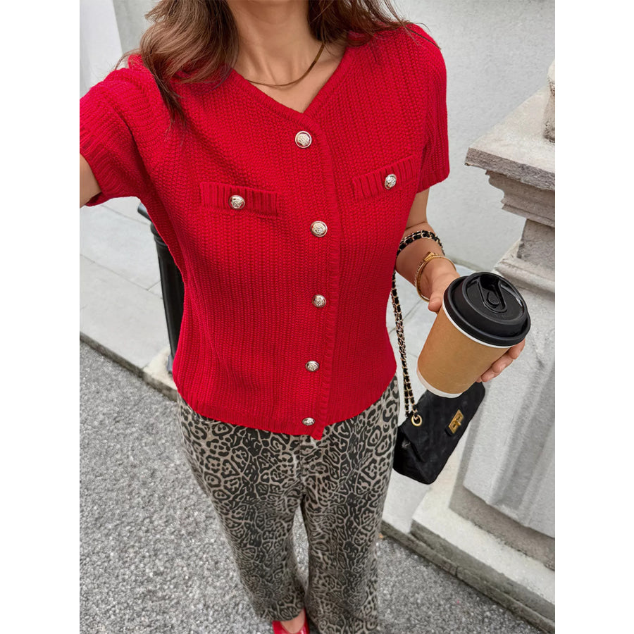 Button Down Short Sleeve Cardigan Red / S Apparel and Accessories