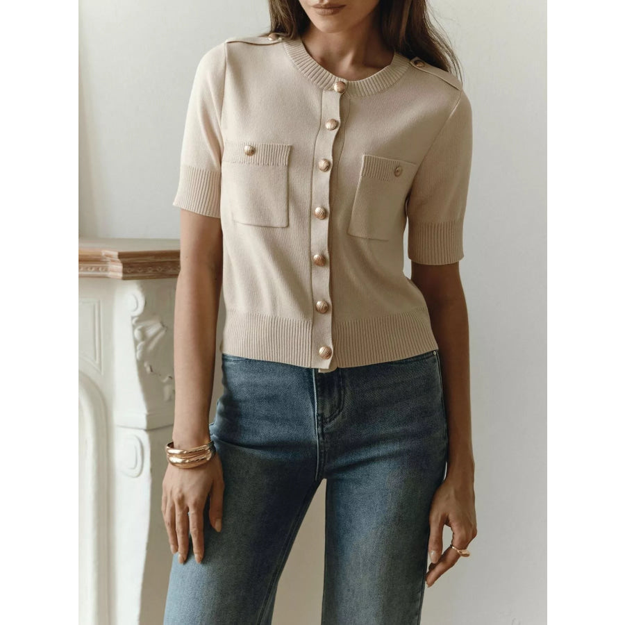 Button-Down Short Sleeve Cardigan Beige / S Apparel and Accessories