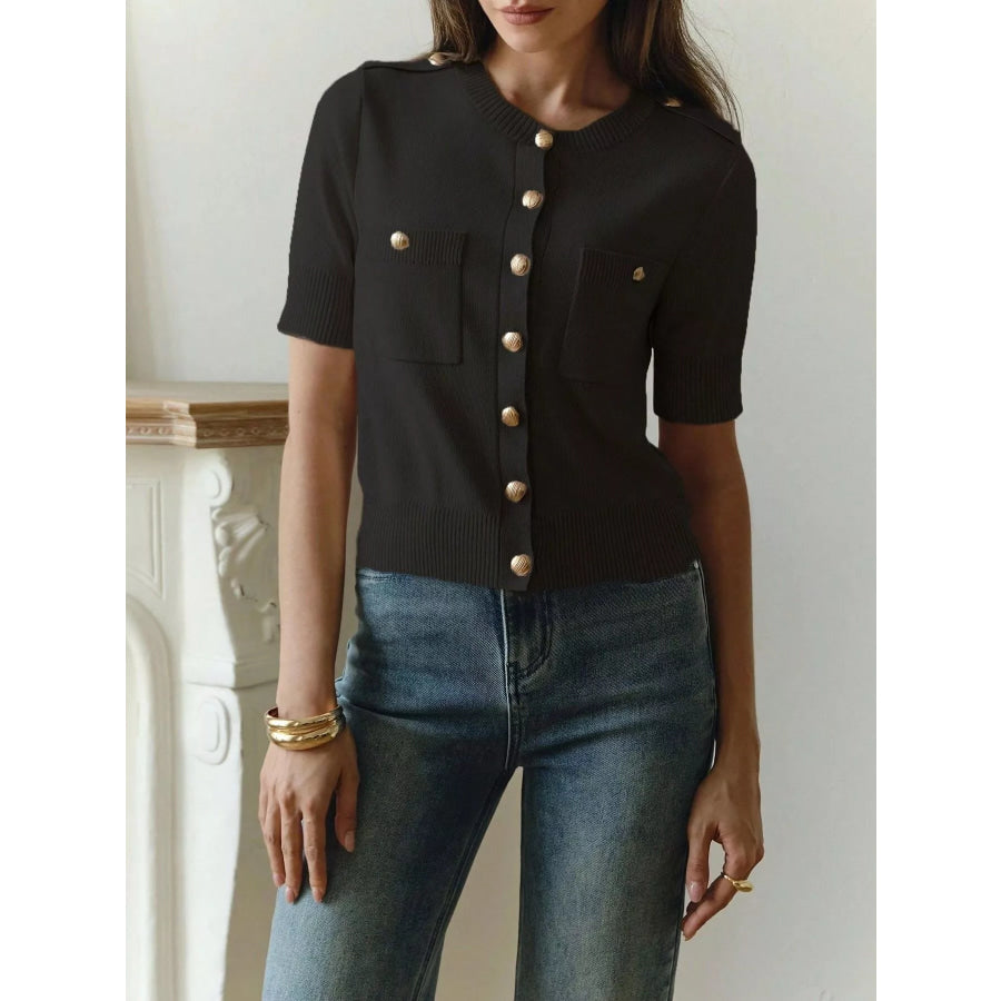 Button-Down Short Sleeve Cardigan Black / S Apparel and Accessories