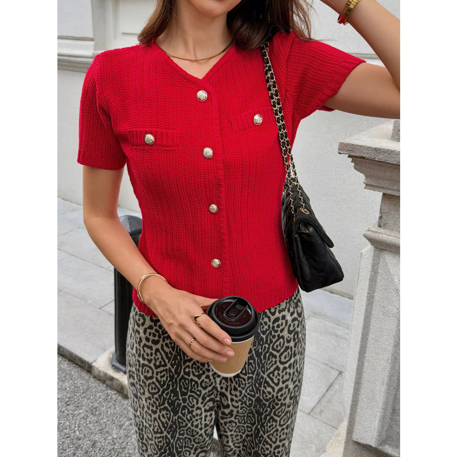 Button Down Short Sleeve Cardigan Red / S Apparel and Accessories