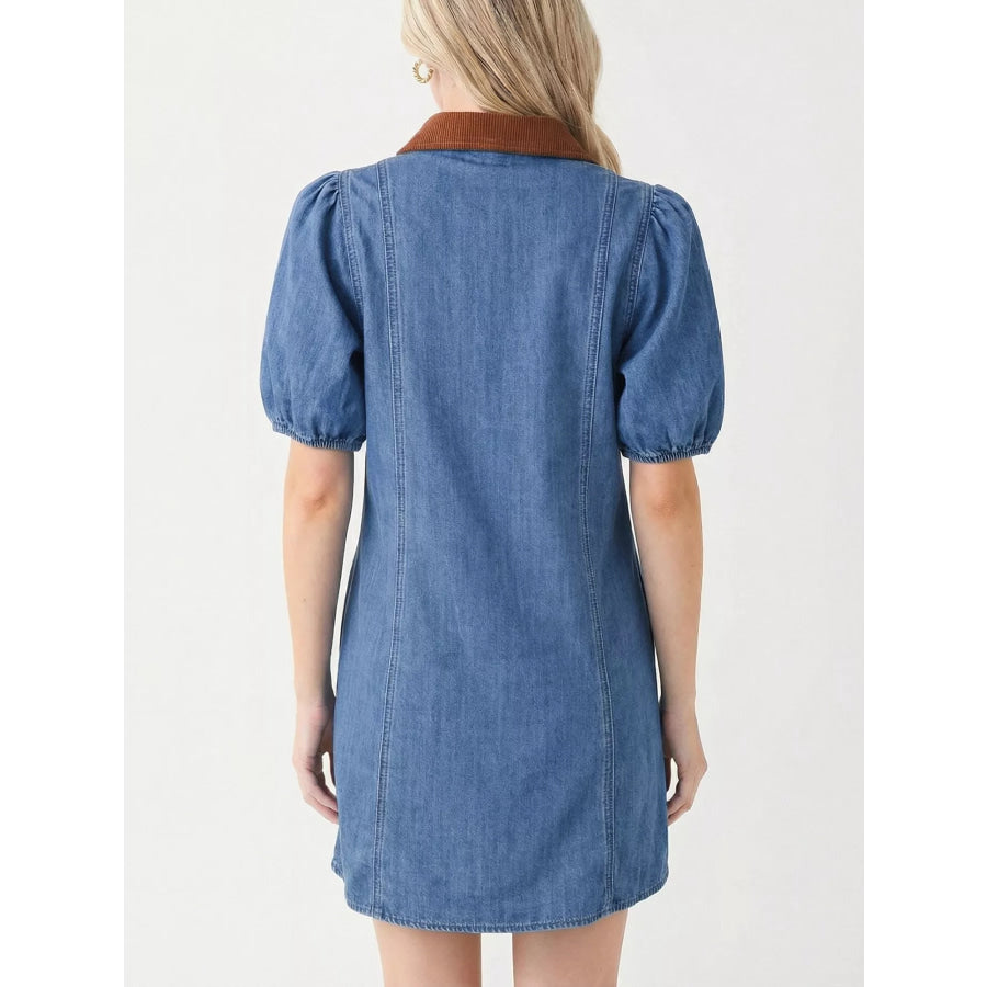 Button-Down Short Sleeve Denim Dress Dusty Blue / S Apparel and Accessories