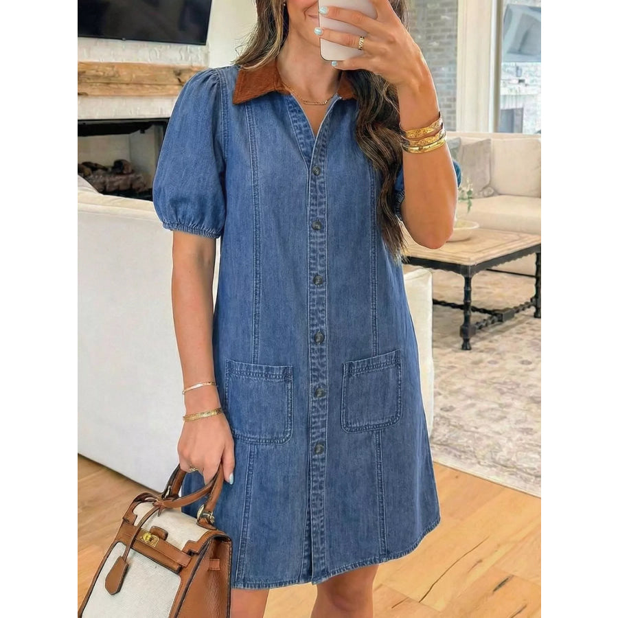 Button-Down Short Sleeve Denim Dress Dusty Blue / S Apparel and Accessories