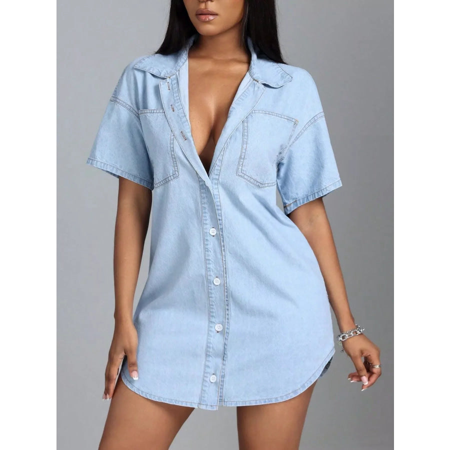 Button-Down Short Sleeve Denim Dress Light / S Apparel and Accessories